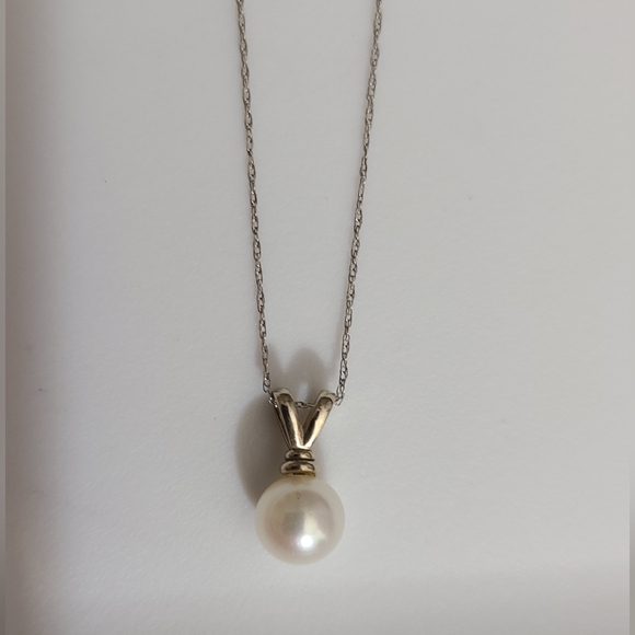 10k WHT gold 18" necklace natural pearl pendant 6.8 mm dainty chain vtg estate - Picture 5 of 7